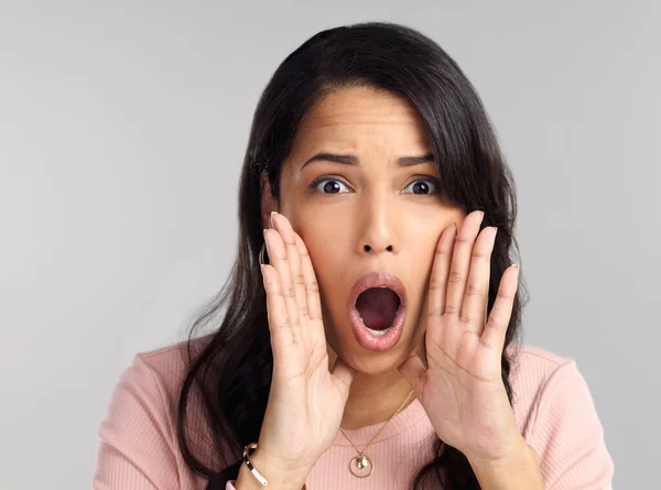 Everyone Should Know Beautiful Young Woman Shouting Grey Background — Stockfoto