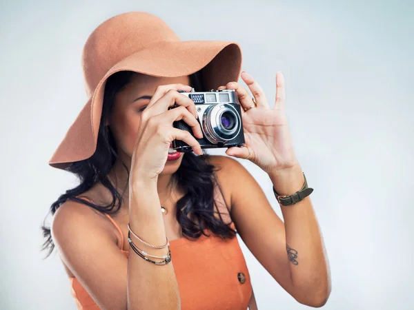 Theres Much See Out Studio Shot Beautiful Young Woman Holding — Zdjęcie stockowe