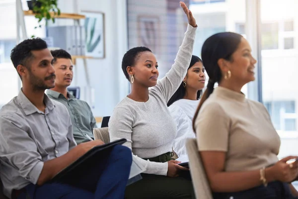 Who Wants Promotion Young Woman Raising Her Hand Work Modern — Foto de Stock