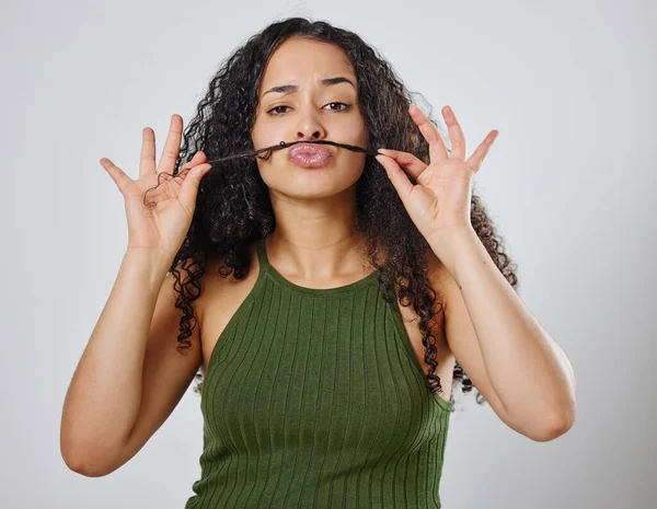 Feeling Kinda Silly Woman Making Moustache Her Hair — Stock Fotó