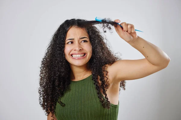 Need Create Better Haircare Regime Woman Frowning While Combing Her — Stock Fotó