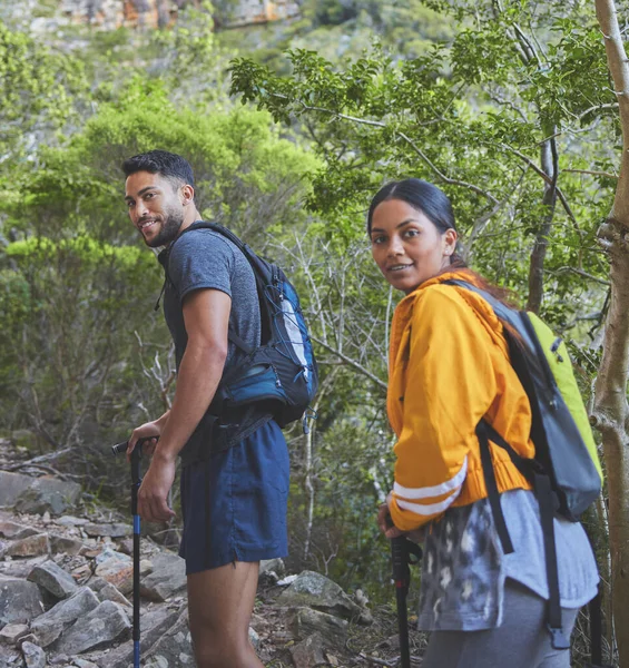 Walking Sticks Helping Tougher Terrain Young Couple Hiking Mountain Range — 스톡 사진