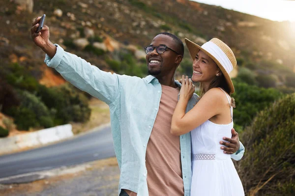 More Travel More Memories Gain Happy Young Couple Taking Selfies — Fotografia de Stock
