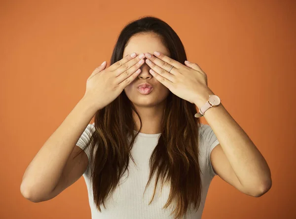 Closed Eyes Attractive Young Woman Posing Studio Orange Background — Stockfoto