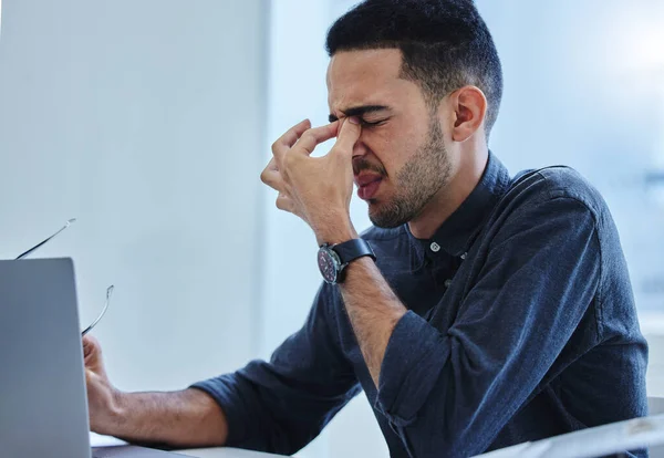 Even Cut Out Young Businessman Sitting Alone Office Suffering Headache — Stockfoto