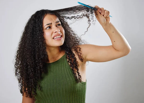 Combing Out Hair Never Easy Task Woman Frowning While Combing — Foto Stock