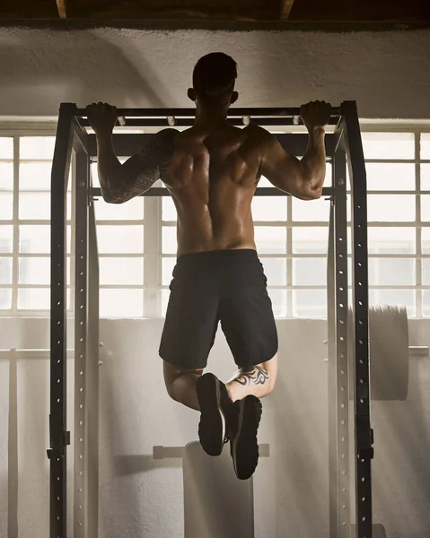 Strong, fitness and active man doing pull up strength and muscle full body workout with gym equipment. Rear of a fit trainer in an endurance bodybuilding or training exercise for a muscular figure.