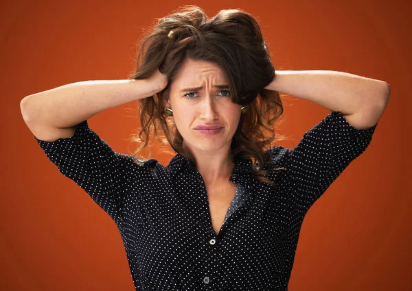 Send Help Attractive Young Woman Standing Alone Red Background Studio — Foto Stock