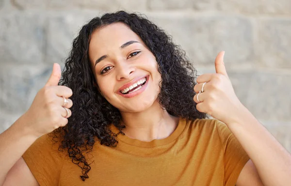 Its Good Day Have Good Day Young Woman Showing Thumbs — Fotografia de Stock