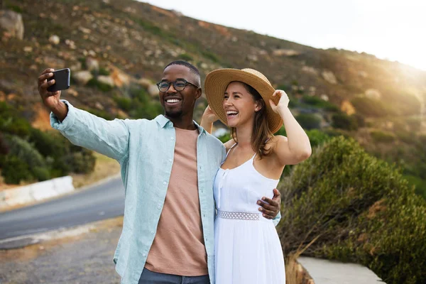 Went Looking Adventure Found Heaven Happy Young Couple Taking Selfies — Foto Stock