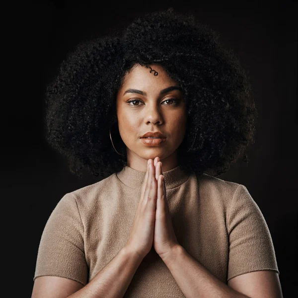 Believe Cropped Portrait Attractive Young Woman Prayer Dark Background Studio — Zdjęcie stockowe