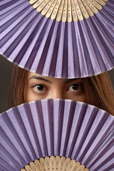 Heritage Cropped Portrait Attractive Young Woman Posing Fans Studio Grey — Fotografia de Stock