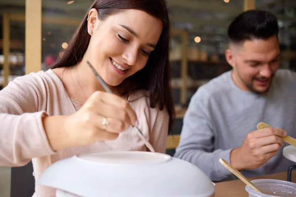 Forget Cinema Take Date Art Studio Young Couple Painting Ceramics — Fotografia de Stock