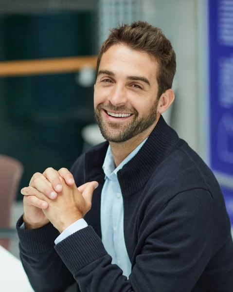 Ready Get Business Cropped Portrait Handsome Young Businessman Sitting Alone — Stockfoto