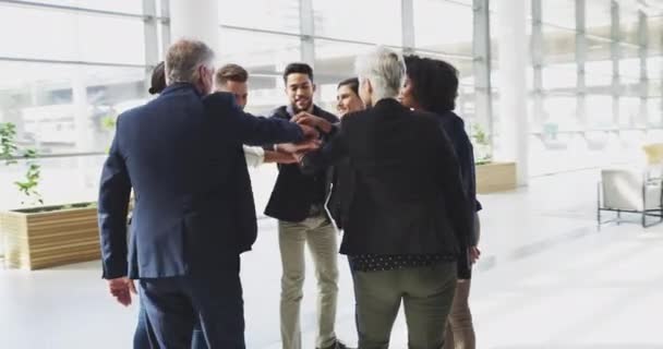 Celebrating Winning Dancing Business Team Joining Hands Together Huddle Diverse — Vídeo de Stock