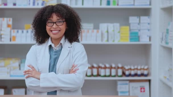 Proud Confident Happy Pharmacist Smiling While Standing Drugstore Pharmacy Copy — Video