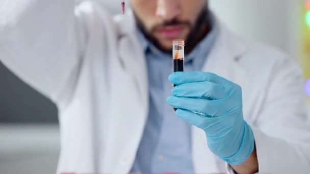 Closeup Scientist Doctor Hands Working Research Blood Sample Test Tube — Stock videók