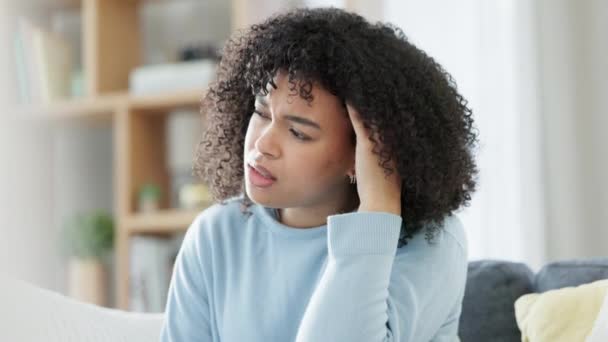 Stressed Anxious Unhappy African American Woman Home Headache Problems Issues — Vídeo de stock