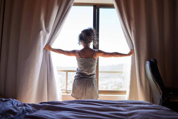 What Blessing Wake Woman Opening Curtains Her Bedroom — Stockfoto