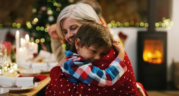 Favourite Christmas Gift Calls Grandma Affectionate Senior Woman Hugging Her — Stock Fotó