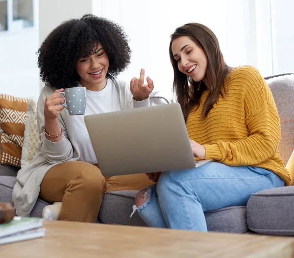 You Should Buy Two Young Women Using Laptop Together Home — Stockfoto