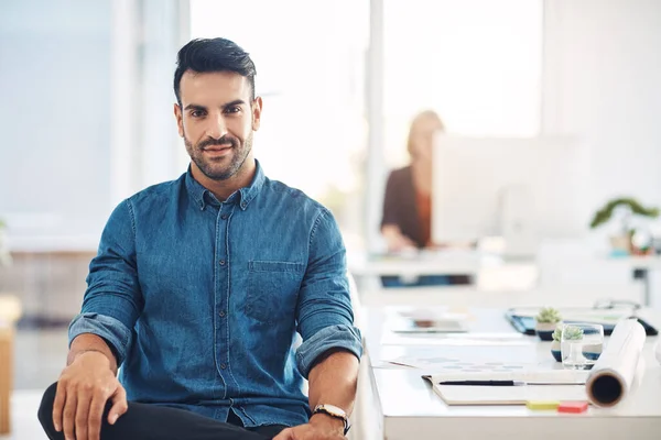 Portrait Young Trendy Fashionable Designer Sitting His Office Desk Male — Stockfoto