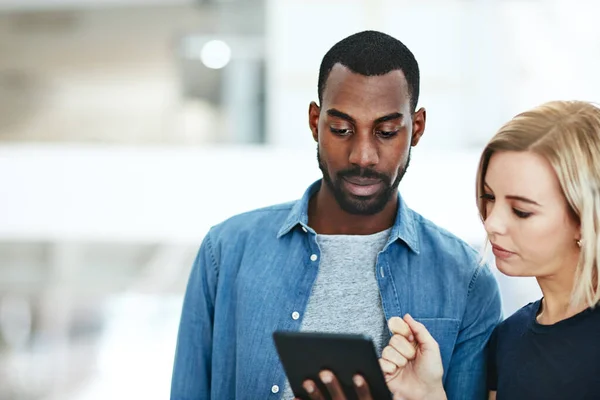 Business People Talking Together While Checking Information Data Statistics Tablet — Foto Stock