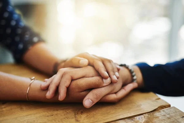 Holding Hands Support Comfort Two People Talking Difficult Problem Closeup — Stock Photo, Image