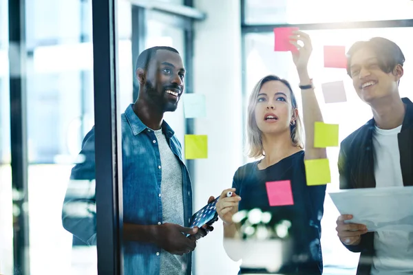 Teamwork Planning Reading Sticky Notes While Brainstorming Talking Sharing Ideas — Fotografia de Stock