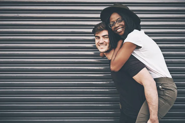 Cute Loving Affectionate Interracial Couple Having Fun Being Playful Enjoying — Zdjęcie stockowe