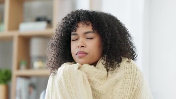 Sick Ill Coughing Young Unwell Woman Using Blanket Keep Warm — Vídeos de Stock