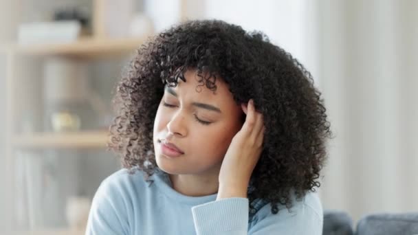 Depressed Woman Stress Anxiety Frustration Home Headache Migraine Pain Discomfort — 图库视频影像