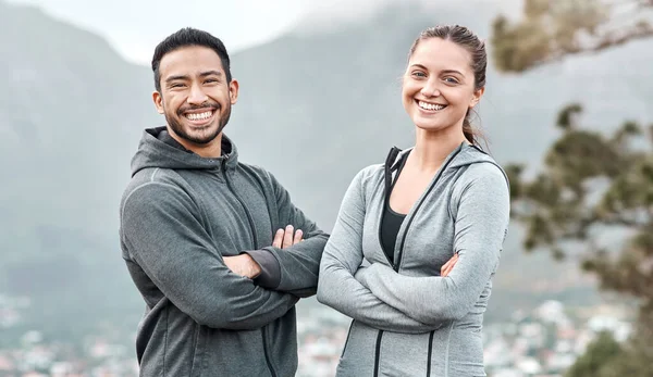 Were Ready Run Day Portrait Sporty Young Man Woman Exercising — Stock fotografie