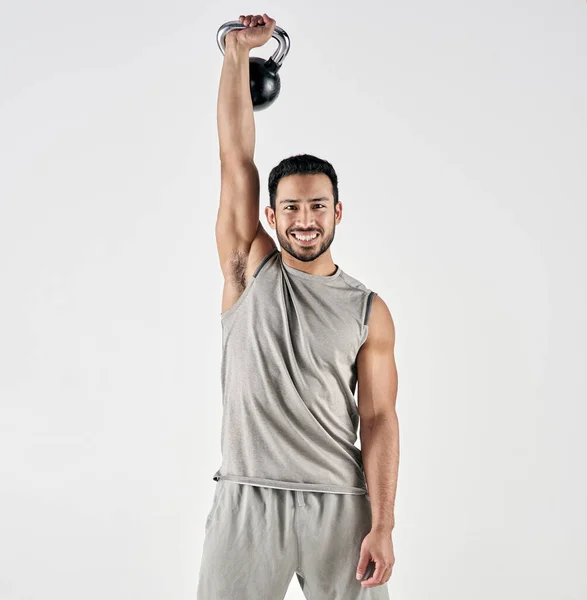 Easy Worth Absolutely Studio Portrait Muscular Young Man Exercising Kettlebell — Stockfoto