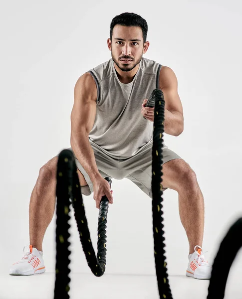 Keep Calm Hiit Studio Portrait Muscular Young Man Exercising Battle — Stok fotoğraf