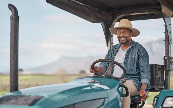 Harvest Season Here Come Mature Man Driving Tractor Farm — Photo