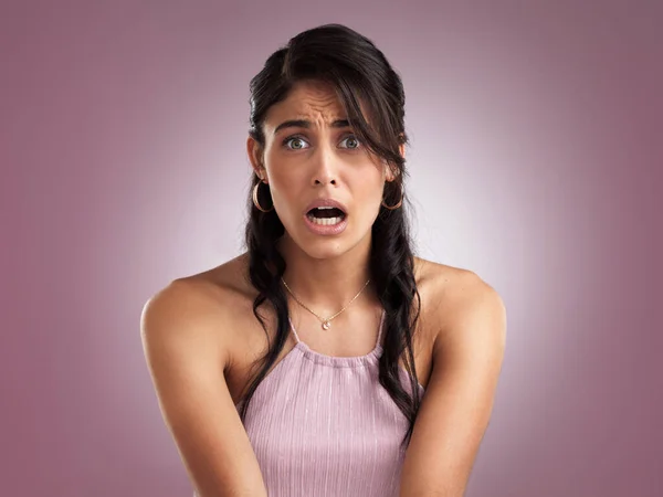 Just Say Yikes Move Beautiful Young Woman Looking Shocked Pink — Foto Stock