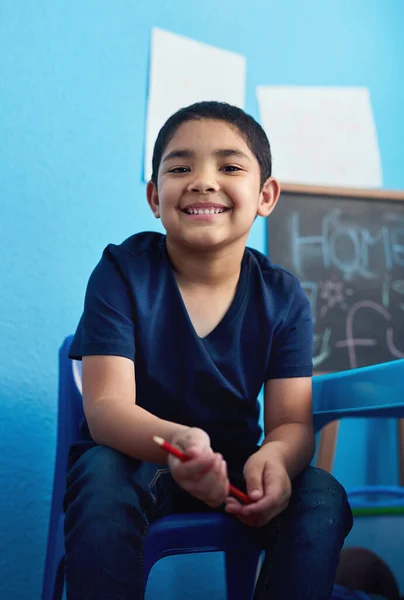 Guess What Learnt School Today Adorable Little Boy Completing School — Photo