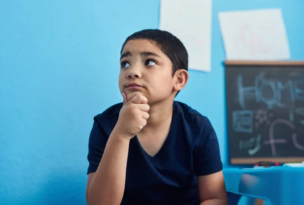 Now What Thinking Adorable Little Boy Looking Thoughtful While Completing — Photo