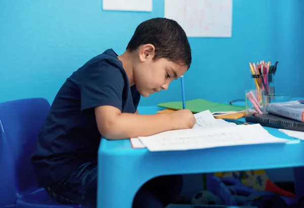 Drawing One Mom Adorable Little Boy Completing School Assignment His — Photo
