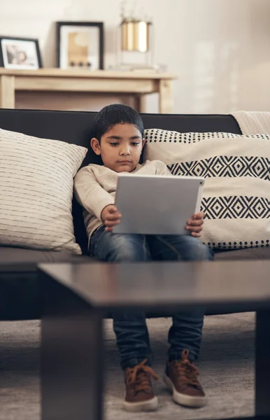 Bigger Grows Smaller Screen Gets Adorable Little Boy Using Digital — Foto Stock