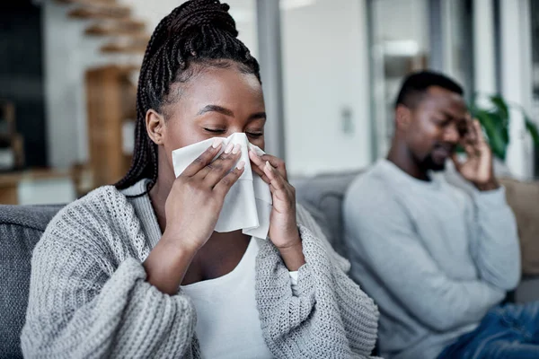 Ill Share Anything You Flu Young Woman Blowing Her Nose — Zdjęcie stockowe