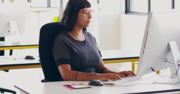 Trendy Hipster Creative Woman Working Computer Modern Office Editing Her — Stock Video