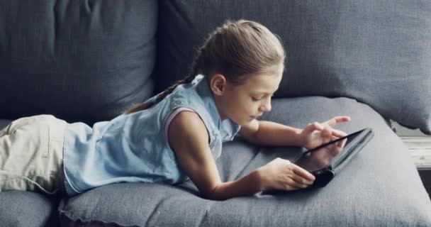 Happy Young Girl Digital Tablet Playing Games Streaming Movies While — 비디오