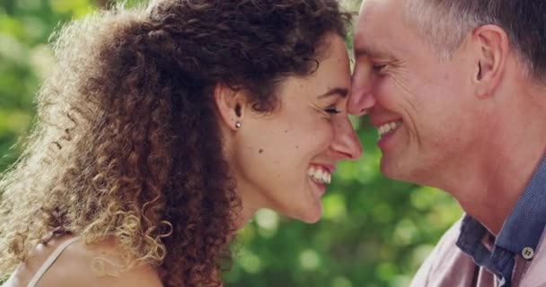 Kissing Happy Mature Caucasian Couple Enjoying Day Together Outdoors Closeup — Vídeo de Stock