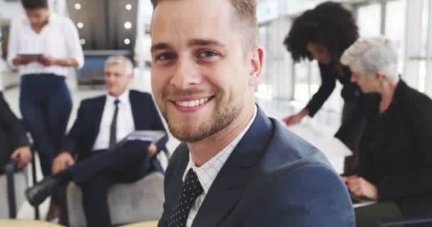 Confident Smiling Laughing Business Man Happy His Office Team Background — Stockvideo