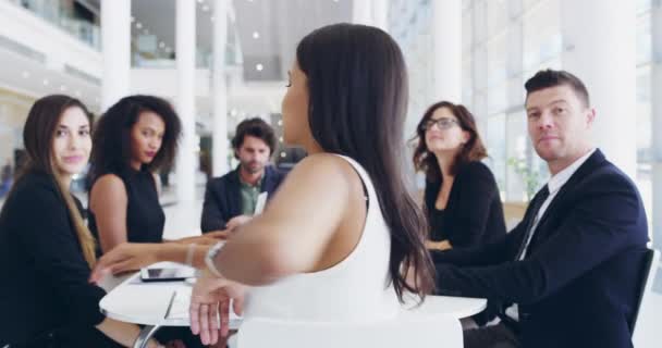 Ceo Businesswoman Laughing Meeting Successful Group Brainstorming Session Portrait Young — Stockvideo