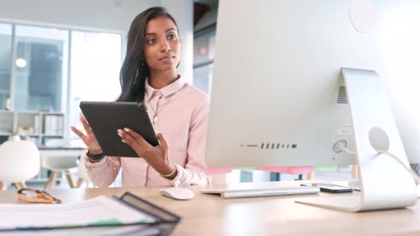 Confident Manager Business Owner Browsing Digital Tablet Online While Sitting — Video Stock