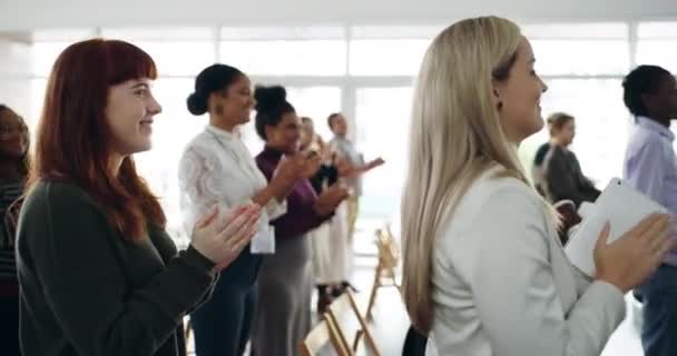 Cheering Clapping Happy Business People Conference Diverse Workers Standing Ovation — Video
