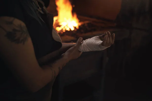 Workplace Injury Prevention Your Hands Woman Working Foundry Bandage Wrapped — Fotografia de Stock